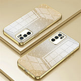 Glittery gold and white smartphone cases with triple camera setups.