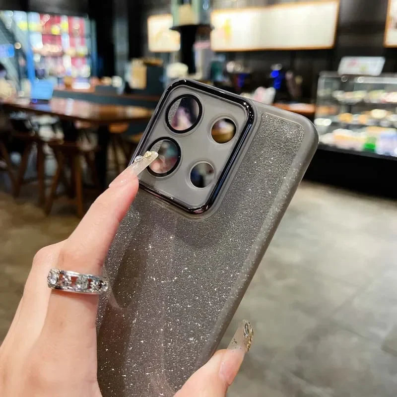 Glittery gray smartphone case with a prominent camera module.