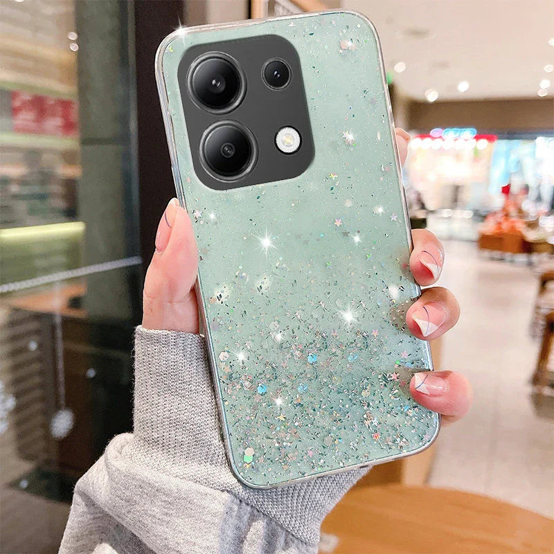 Glittery mint green phone case with a triple camera cutout.