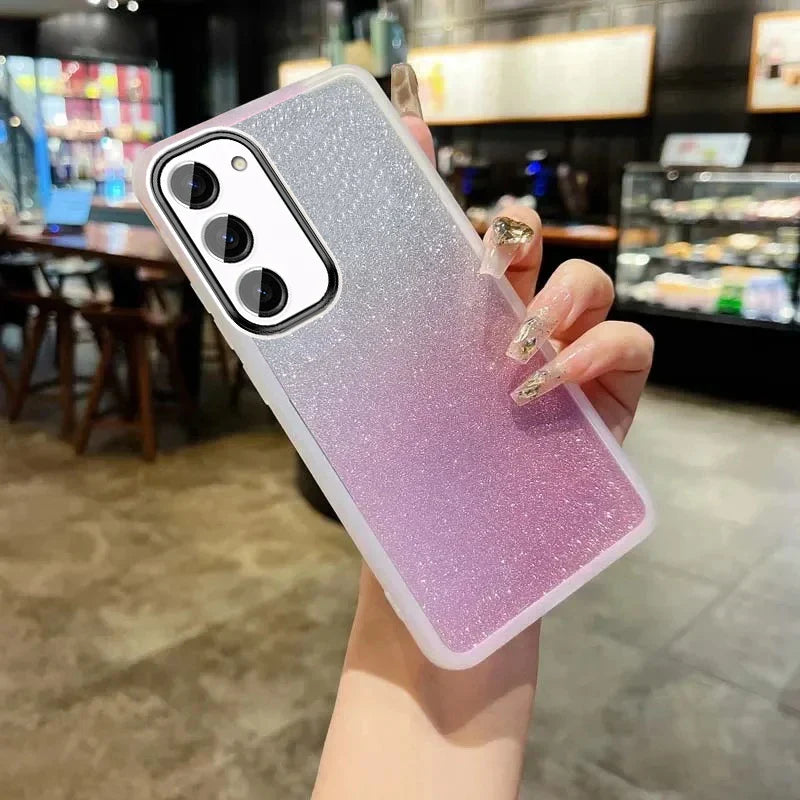 Glittery ombre phone case transitioning from silver to pink.