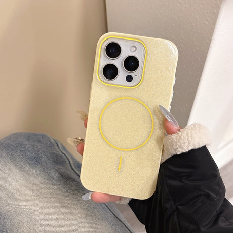Back of a glitter pale yellow slim phone case with magnetic wireless charging circle and matching camera trim for iphone