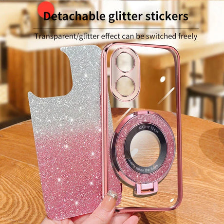 Glittery phone case with detachable stickers and a camera lens protector.