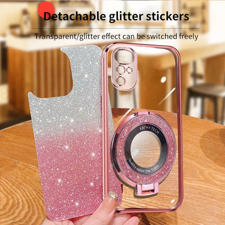 Glittery phone case with detachable sparkly stickers and a ring holder.