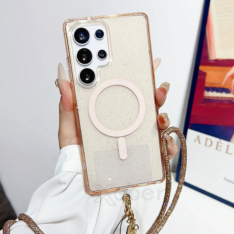 Glittery phone case with magnetic ring.