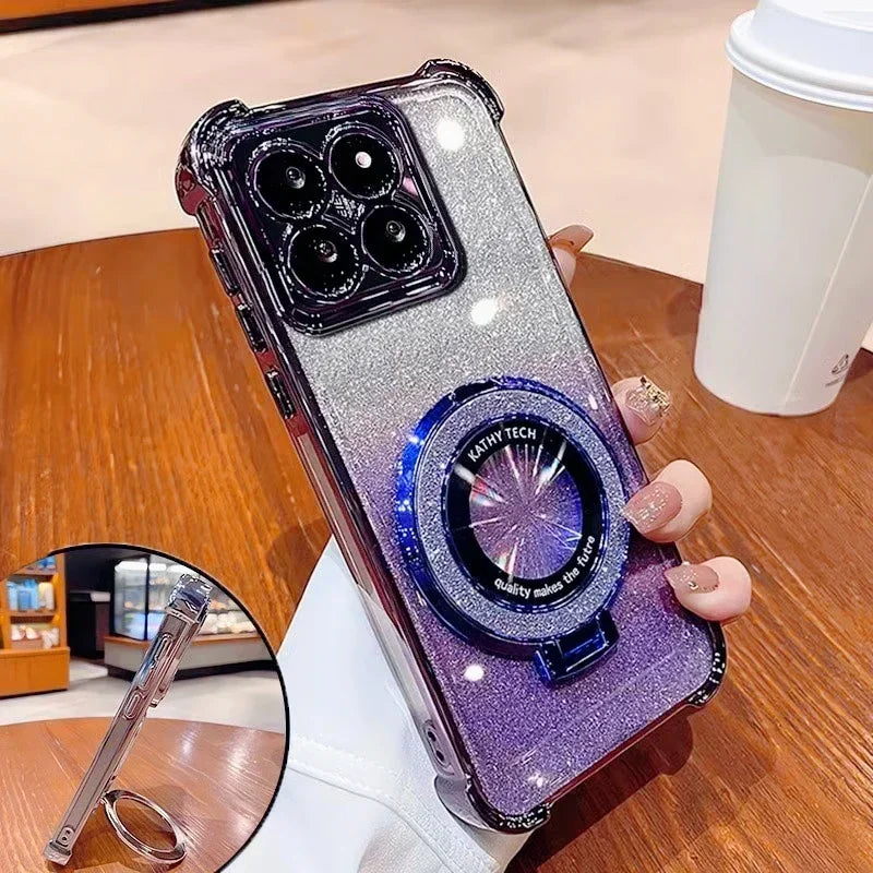 Glittery phone case with ring stand.