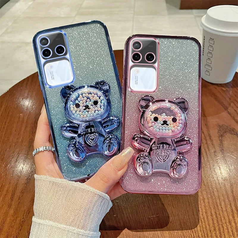 Luxury Plated Glitter Bling Case with Cute Teddy Bear Holder Stand For VIVO V30 Pro Case Soft Silicone Shockproof TPU Cover