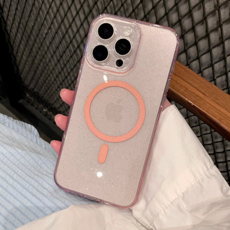 Glittery pink iPhone case with MagSafe ring.