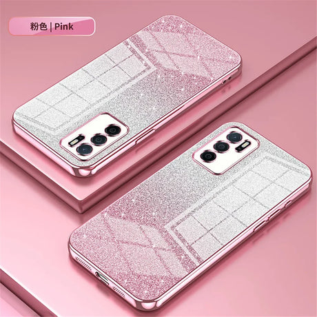 Glittery pink smartphone case with a geometric pattern and triple camera cutout.