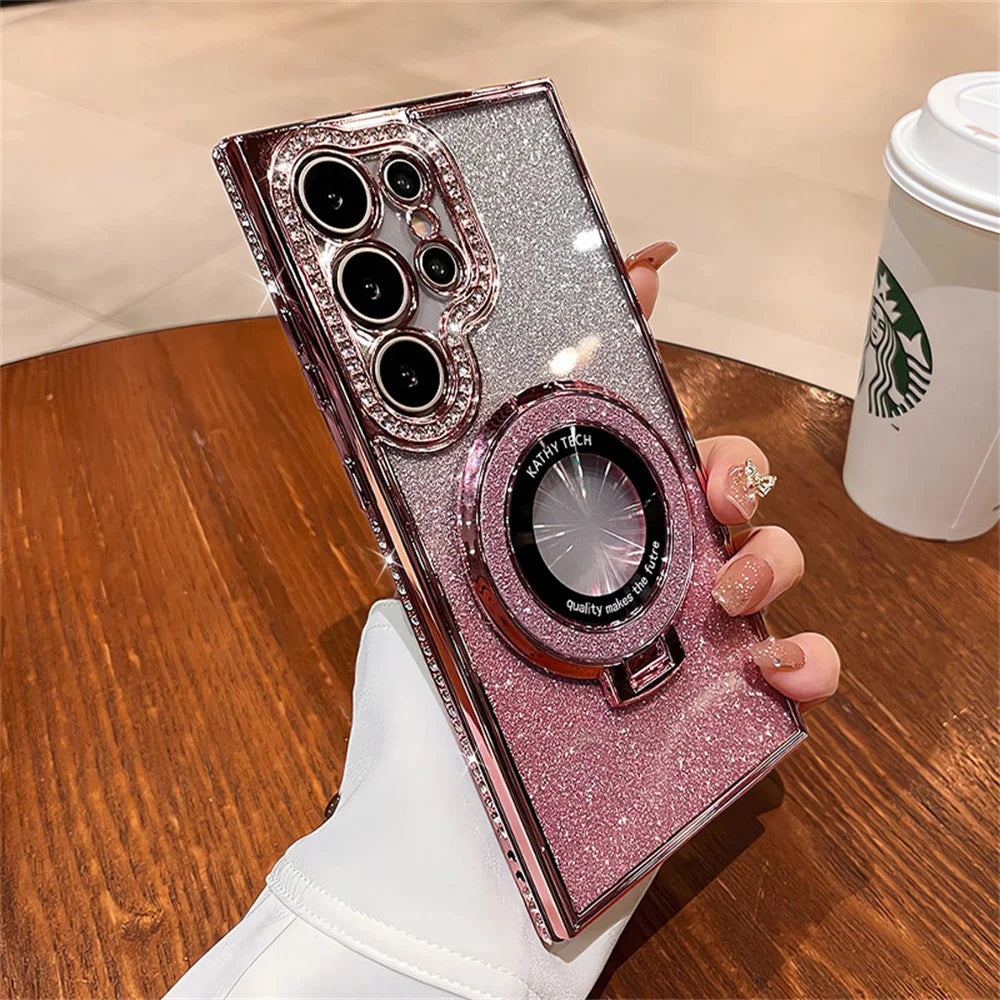 Glittery pink smartphone case with a ring holder and decorative camera lens cover.