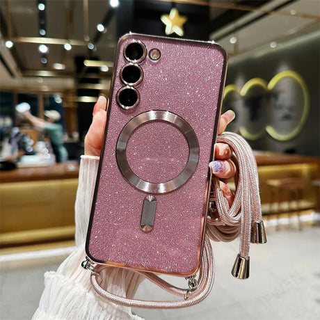 Glittery pink smartphone case with a circular magnetic ring and triple camera cutout.