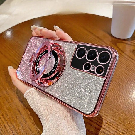 Glittery pink smartphone case with a ring holder and multiple camera cutouts.