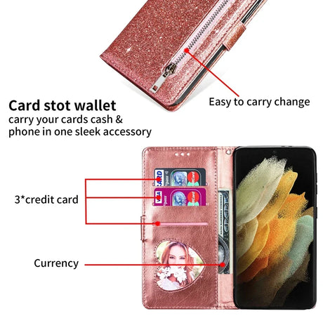 Glittery pink wallet-style phone case with card slots and a zipper compartment.