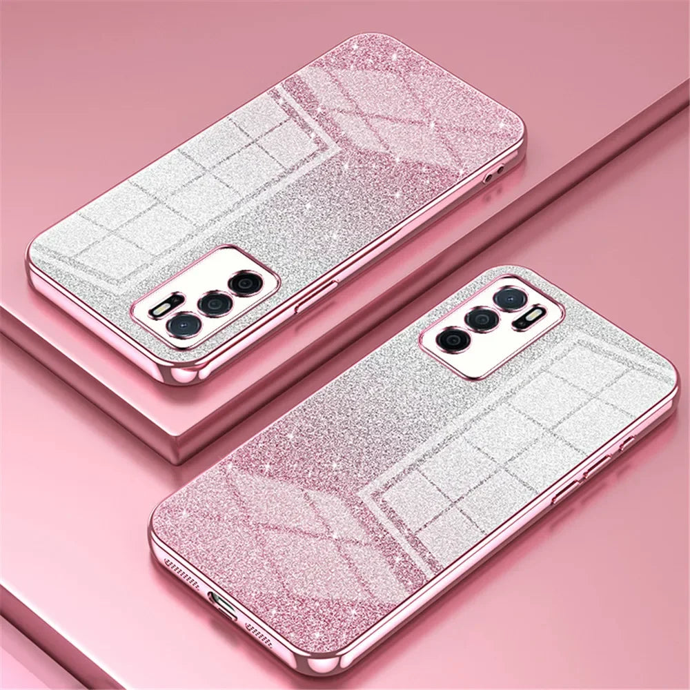 Glittery pink and white smartphone cases with triple camera setups.