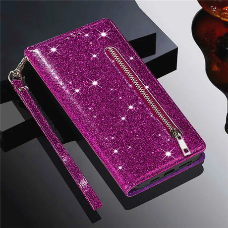 Glittery purple phone case with a zipper pocket and wrist strap.