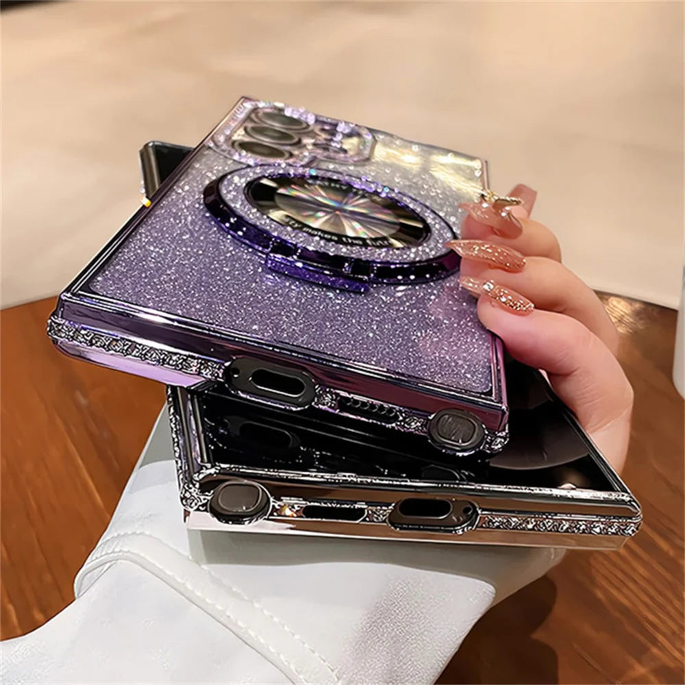 Glittery purple phone case with a decorative ring and rhinestone accents.