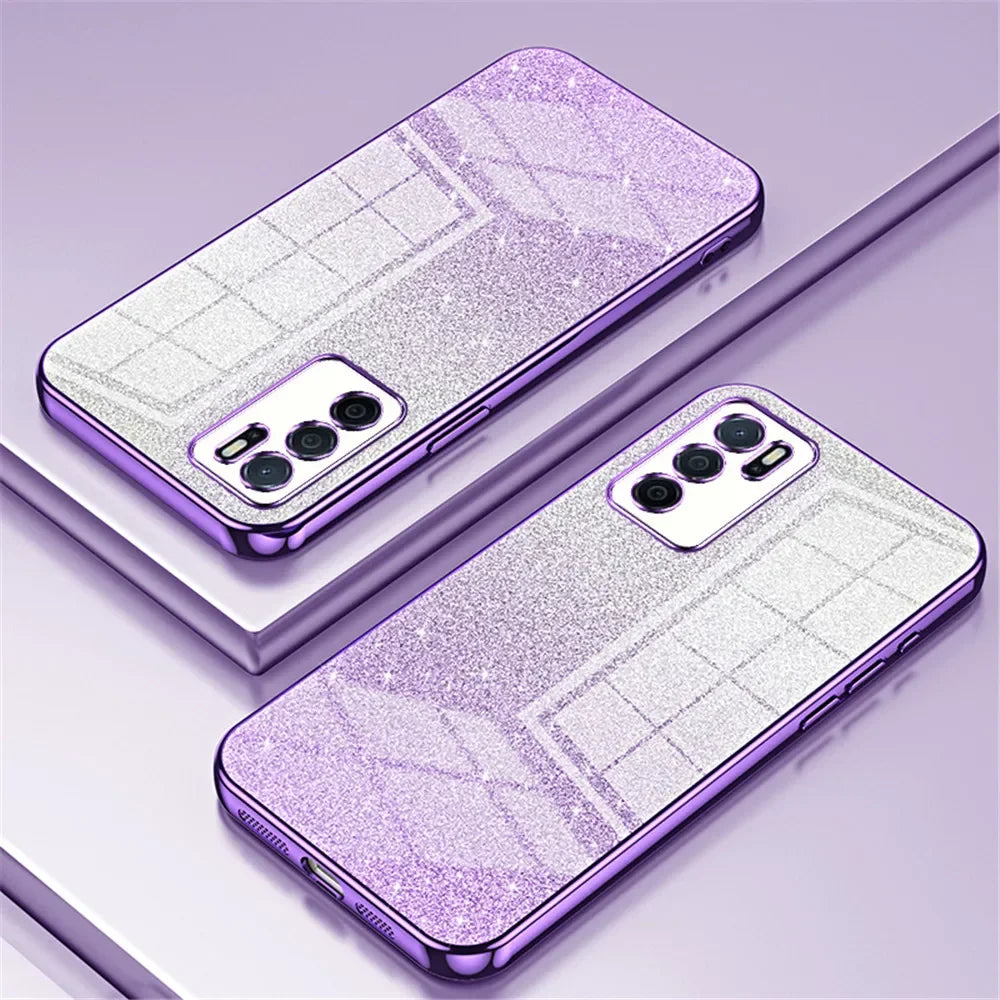 Glittery purple and silver smartphone cases with triple camera setups.