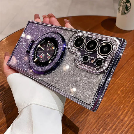 Glittery purple and silver smartphone case with a ring holder and decorative camera lens cover.