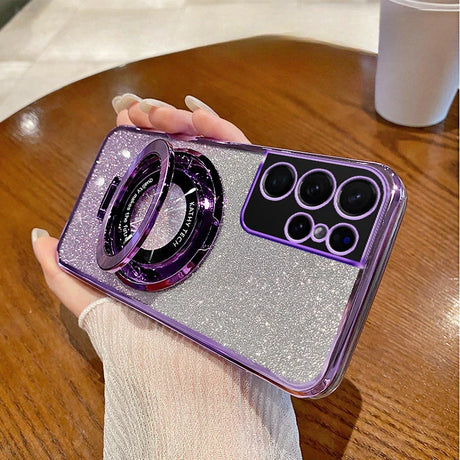 Glittery purple and silver smartphone case with a prominent ring holder and multiple camera cutouts.