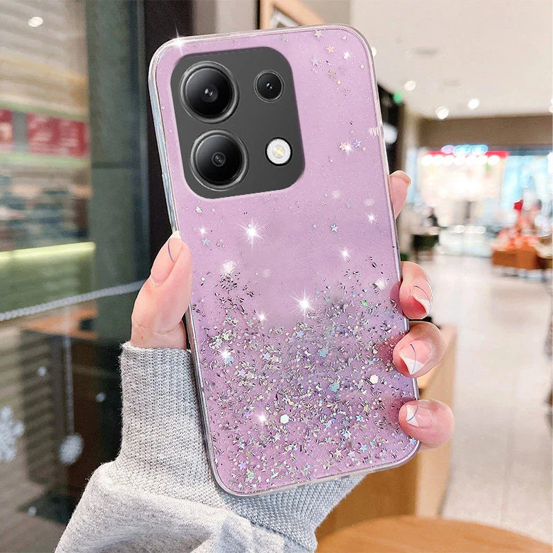 Glittery purple smartphone case with a sparkly design.