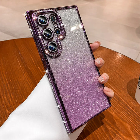 Glittery purple smartphone case with a decorative camera lens cover.