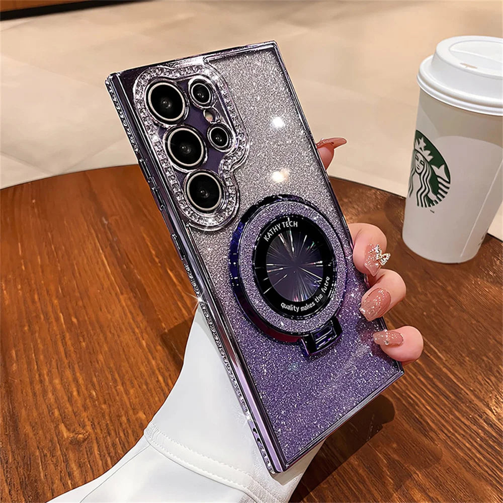 Glittery purple smartphone case with a ring holder and multiple camera cutouts.