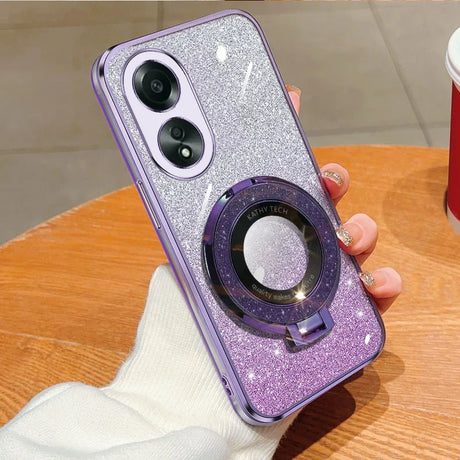 Glittery purple smartphone case with a dual-camera setup and a circular magnetic attachment.