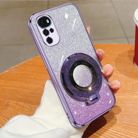 Glittery purple smartphone case with a circular magnetic ring attachment.