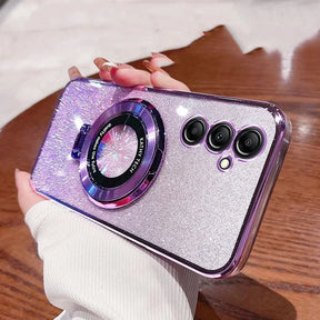 Glittery purple smartphone case with a circular camera lens attachment and triple rear cameras.