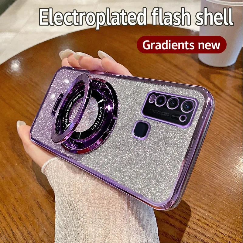 Glittery purple smartphone case with a circular camera cutout and multiple lens openings.