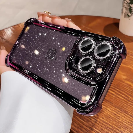 Glittery purple smartphone case with reinforced corners and jeweled camera lens protectors.
