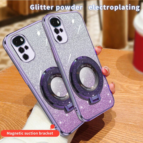 Glittery purple smartphone cases with magnetic ring holders and multiple camera lenses.