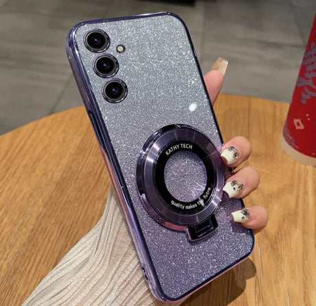 Glittery purple smartphone with three camera lenses and a circular attachment on the back.