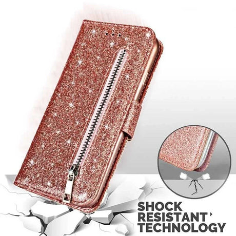 Glittery rose gold phone case with a zipper detail and shock-resistant technology.