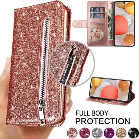 Glittery rose gold smartphone wallet case with a zipper pocket and card slots.