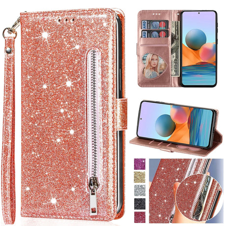 Glittery rose gold wallet-style smartphone case with a zipper pocket and card slots.