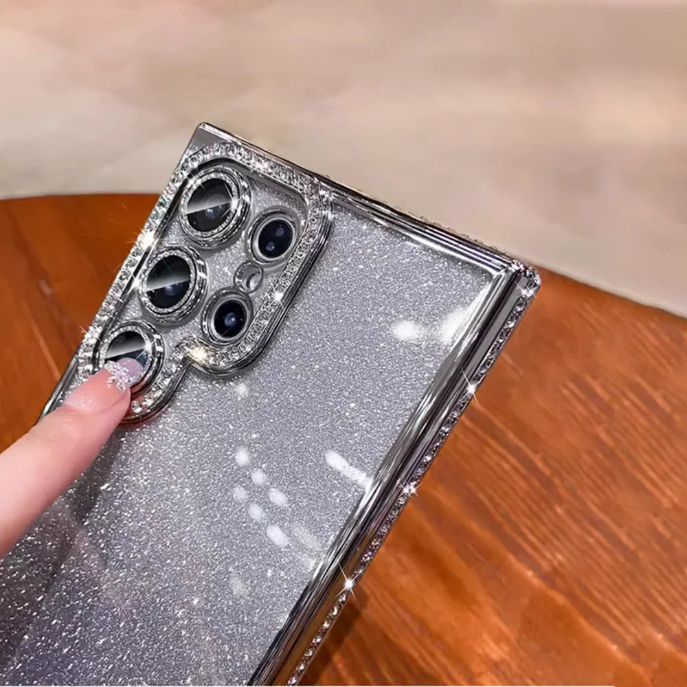 Glittery silver phone case with a decorative camera lens area.