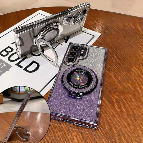 Glittery silver and purple smartphone case with a ring holder and camera lens protector.