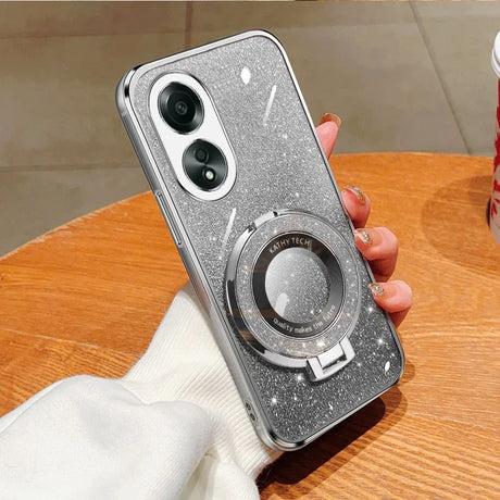 Glittery silver smartphone case with a dual-lens camera and a circular attachment on the back.