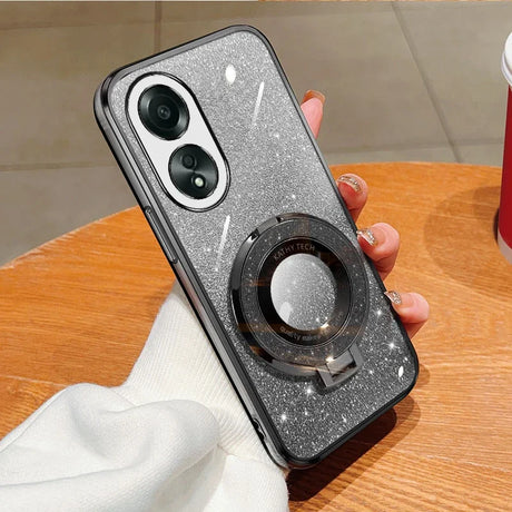 Glittery silver smartphone case with a dual-camera setup and a circular ring attachment.