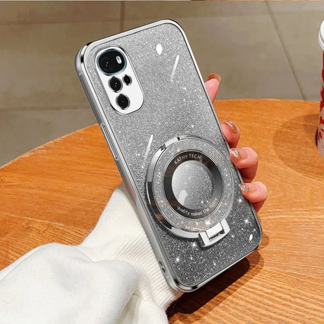 Glittery silver smartphone case with a circular ring attachment and multiple camera lenses.