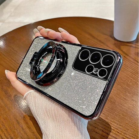 Glittery silver smartphone case with a circular ring holder and multiple camera cutouts.