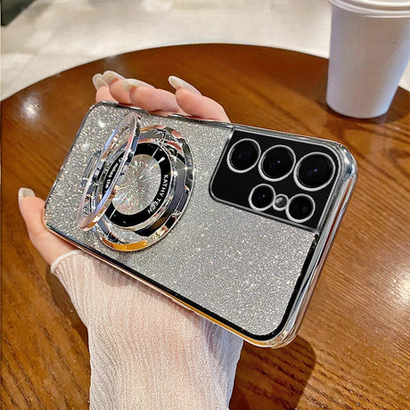 Glittery silver smartphone case with a ring holder and multiple camera cutouts.