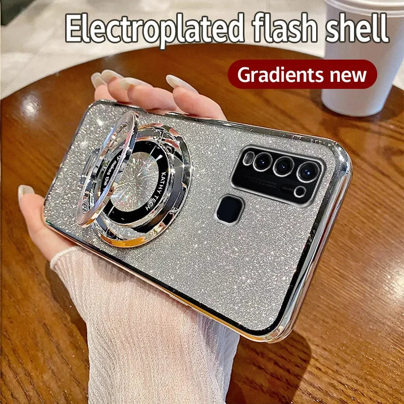 Glittery silver smartphone case with a circular design and multiple camera lenses.