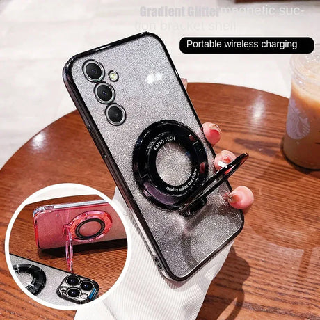 Glittery silver smartphone case with a circular camera-lens-like attachment on the back.