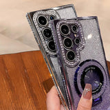 Glittery silver smartphone cases with multiple camera lenses and a decorative ring.