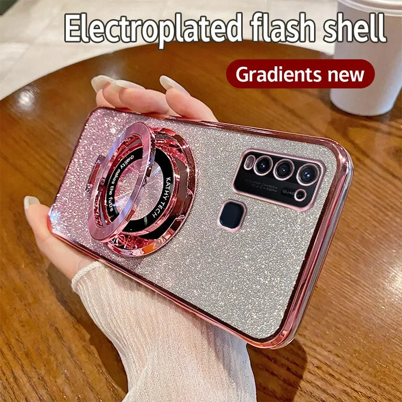 Glittery smartphone case with a circular camera cutout and multiple lens openings.