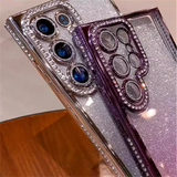 Glittery smartphone case with jeweled camera lens covers.