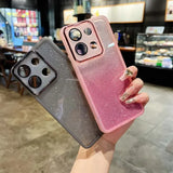 Glittery smartphone cases in pink and gray colors with prominent camera cutouts.