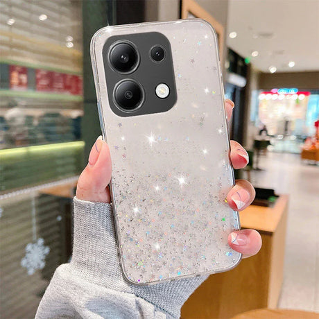 Glittery transparent smartphone case with a triple camera cutout.