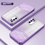 Glittery violet smartphone cases with a gradient effect and multiple camera lenses.